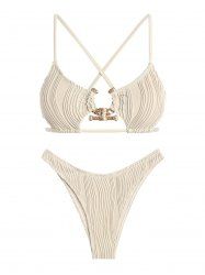 Textured Metal Hardware Criss Cross High Leg Cheeky Bikini Swimwear -  