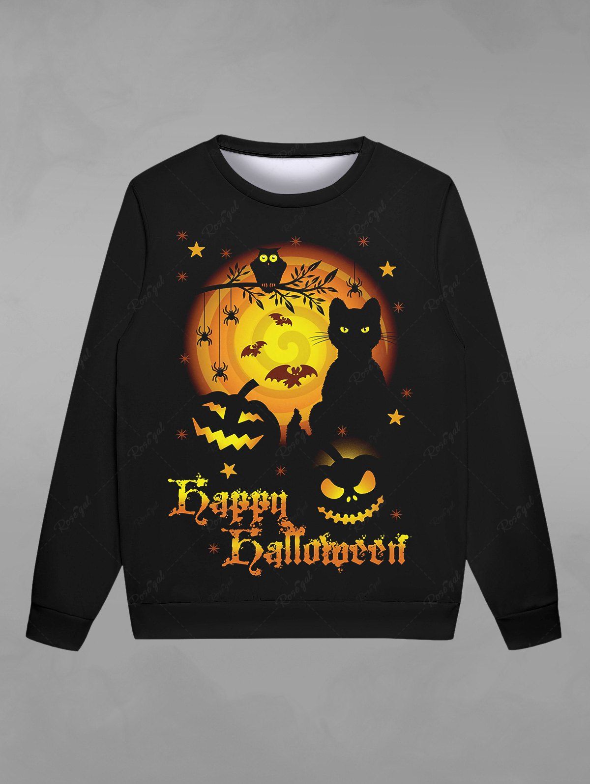 Discount Gothic Halloween Moon Cat Pumpkin Bat Spider Print Sweatshirt For Men  