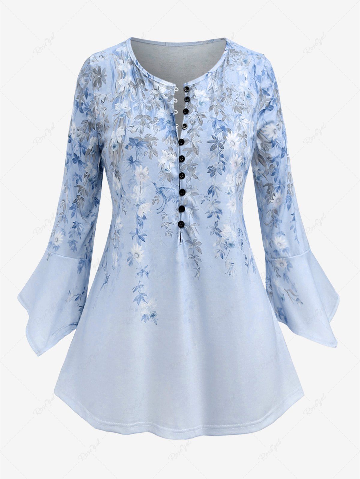 Hot Plus Size Flower Leaf Printed Buttons 3/4 Length Flare Sleeves T-shirt  