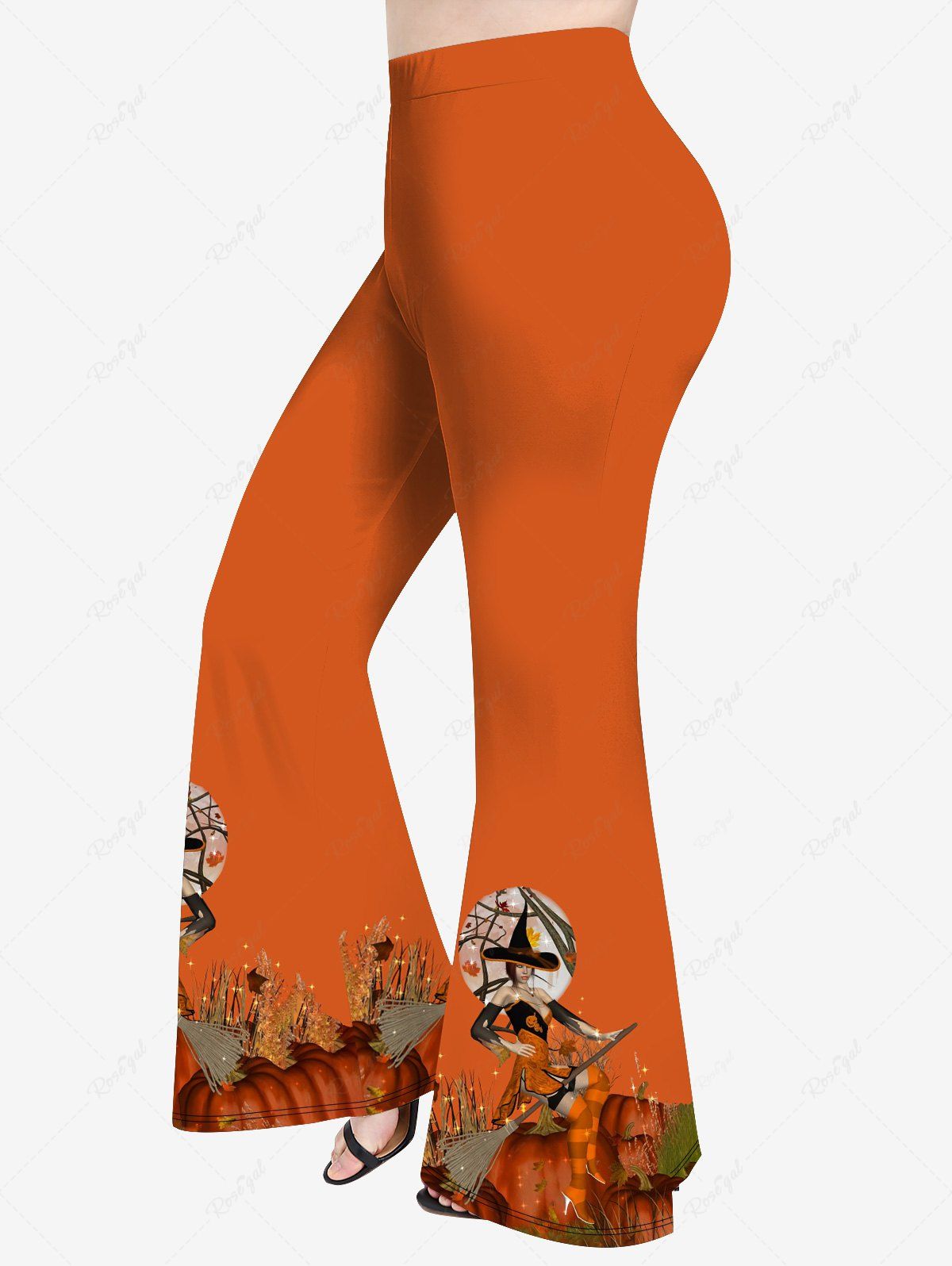 Pantalon Évasé à Imprimé Citrouille avec Balai de Sorcière D'Halloween Grande-Taille Orange 6X