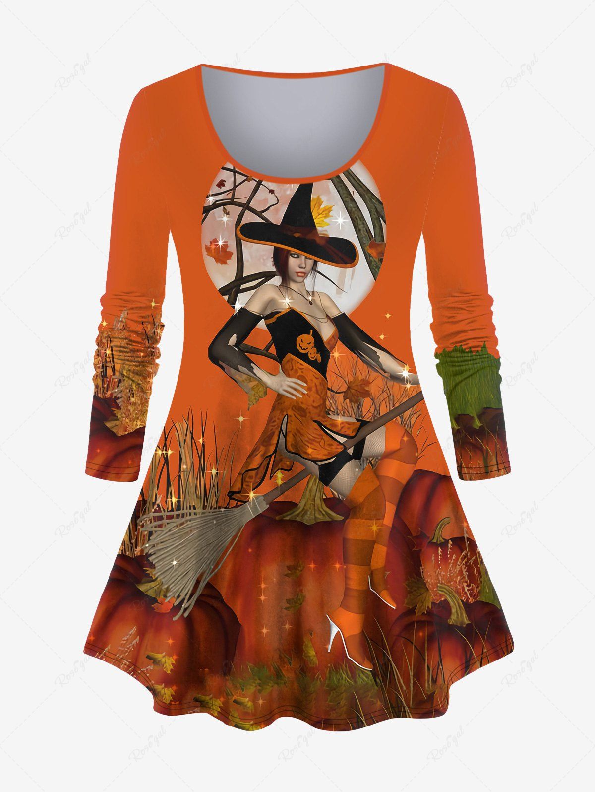 Outfits Plus Size Halloween Pumpkin Tree Hat Witch Broom Print T-shirt  