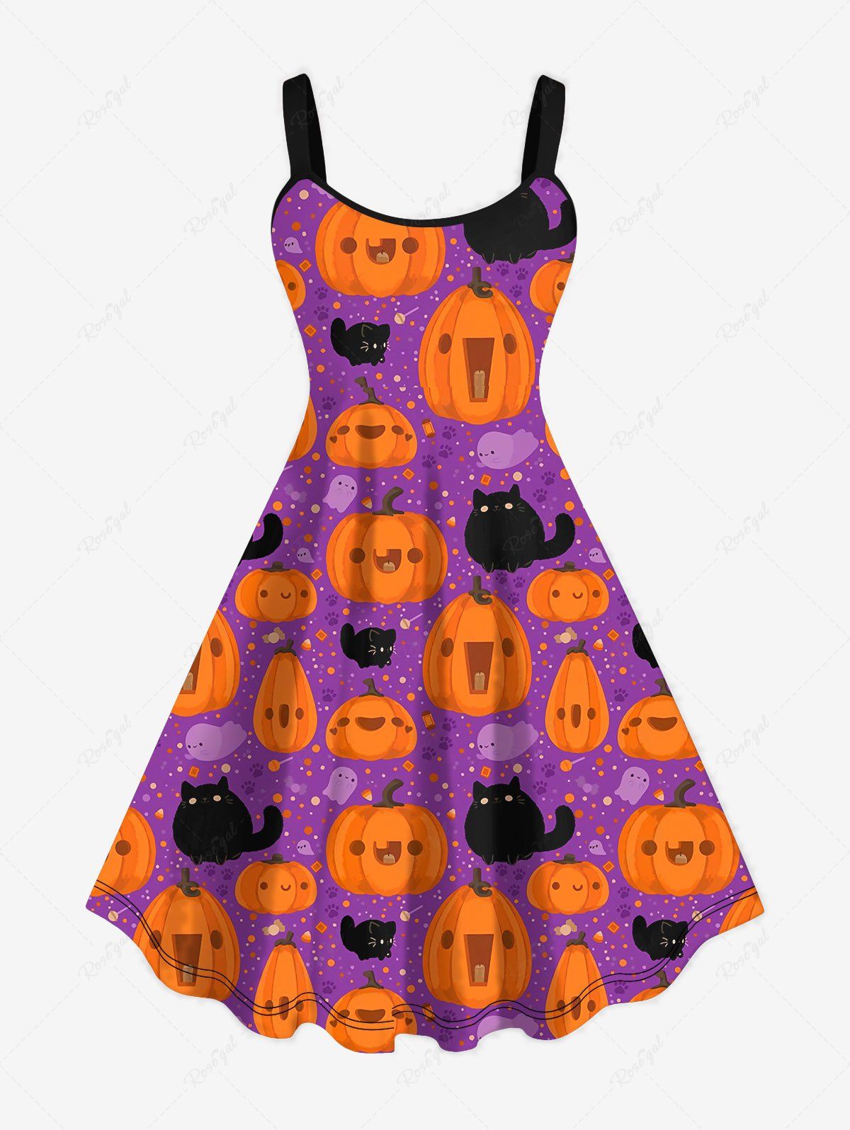 Discount Plus Size Halloween Costume Pumpkin Cat Ghost Print Tank Dress  