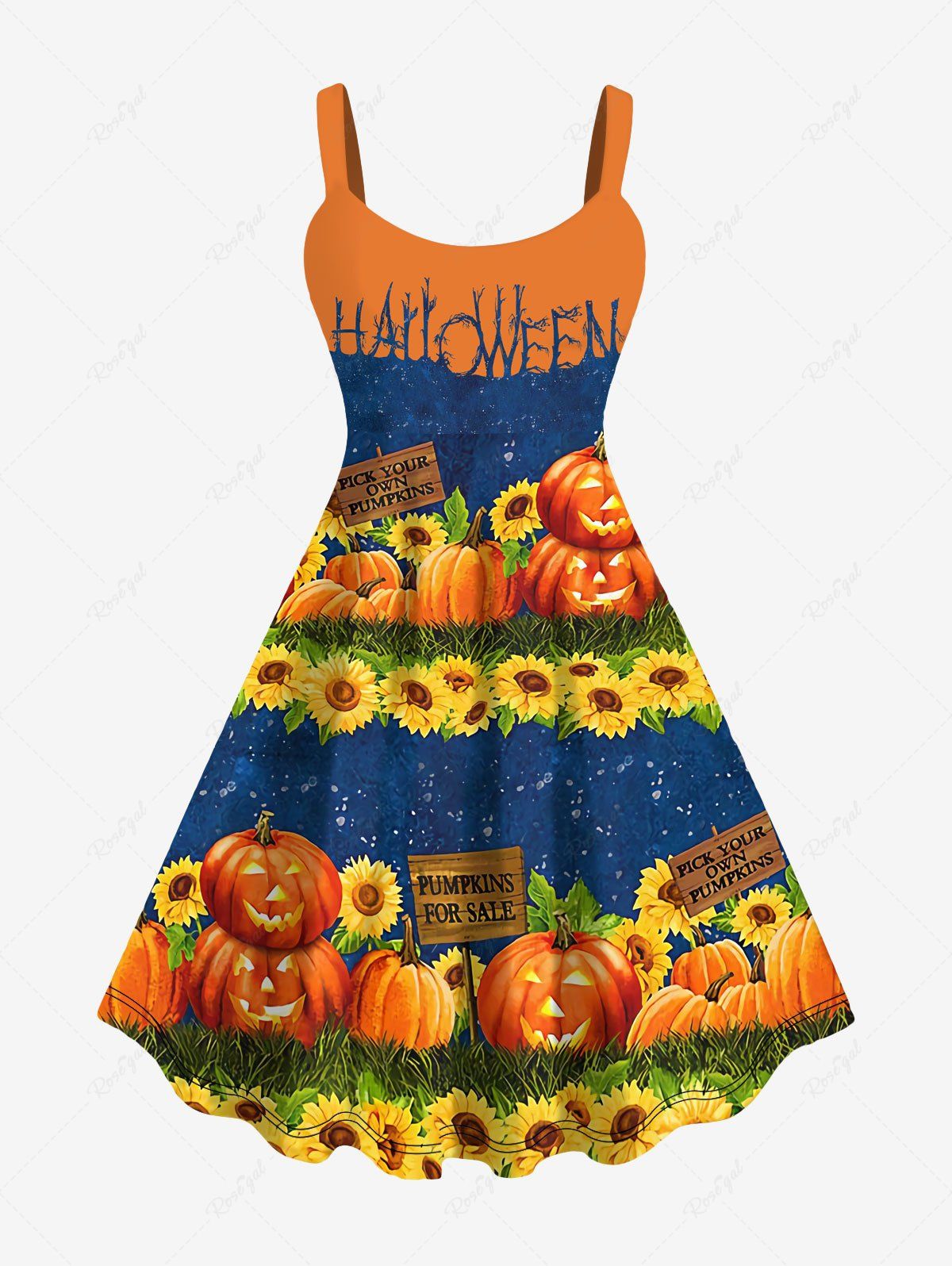 Buy Plus Size Halloween Costume Pumpkin Sunflower Letters Print Tank Dress  