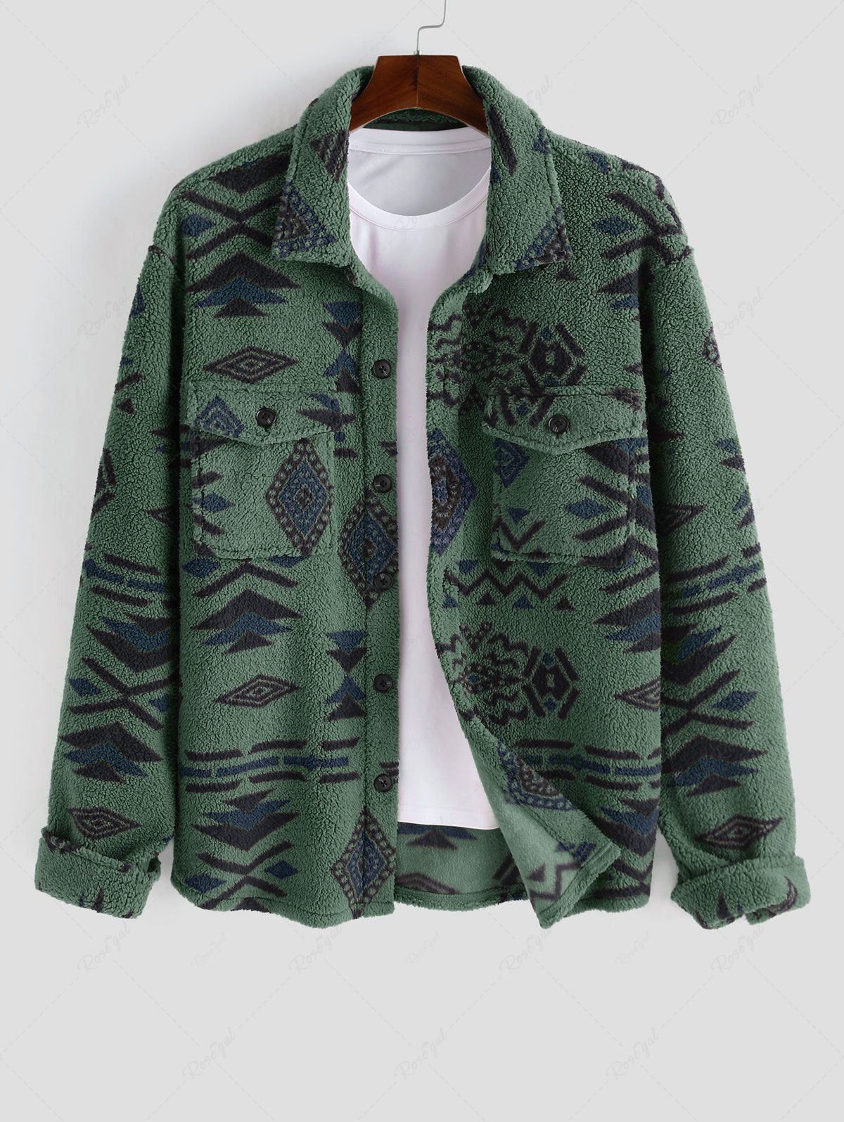 Shop Ethnic Aztec Geo Printed Polar Fleece Fluffy Shacket  