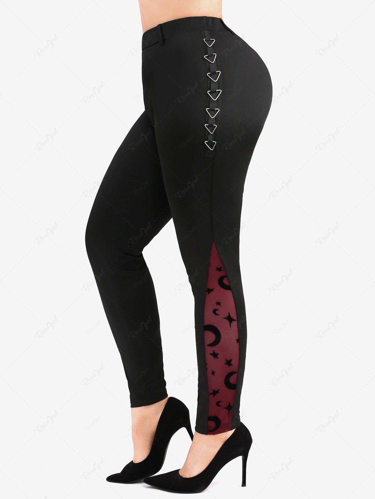 Outfit Plus Size Mesh Panel Moon Star Print Layered Triangle Side Skinny Leggings  