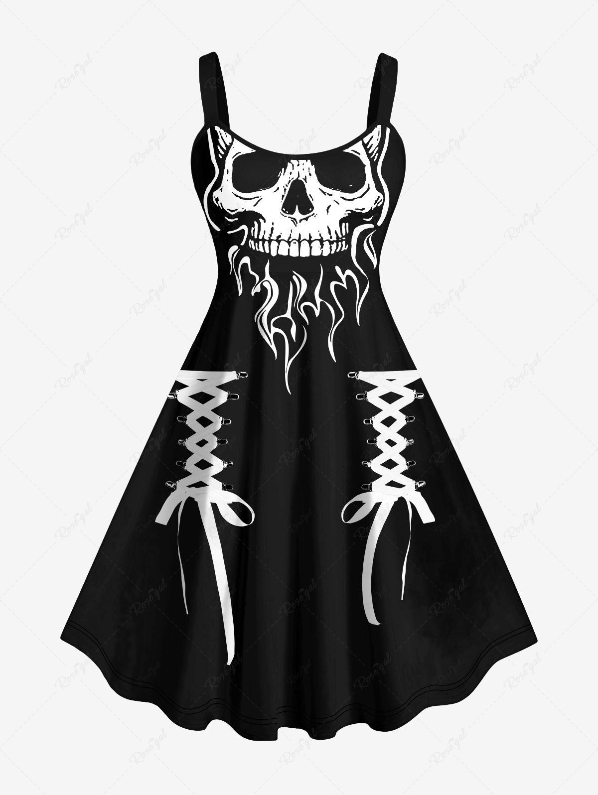 Robe D'Halloween Costume 3D Crâne en Feu Imprimée de Grande Taille à Lacets Noir 6X