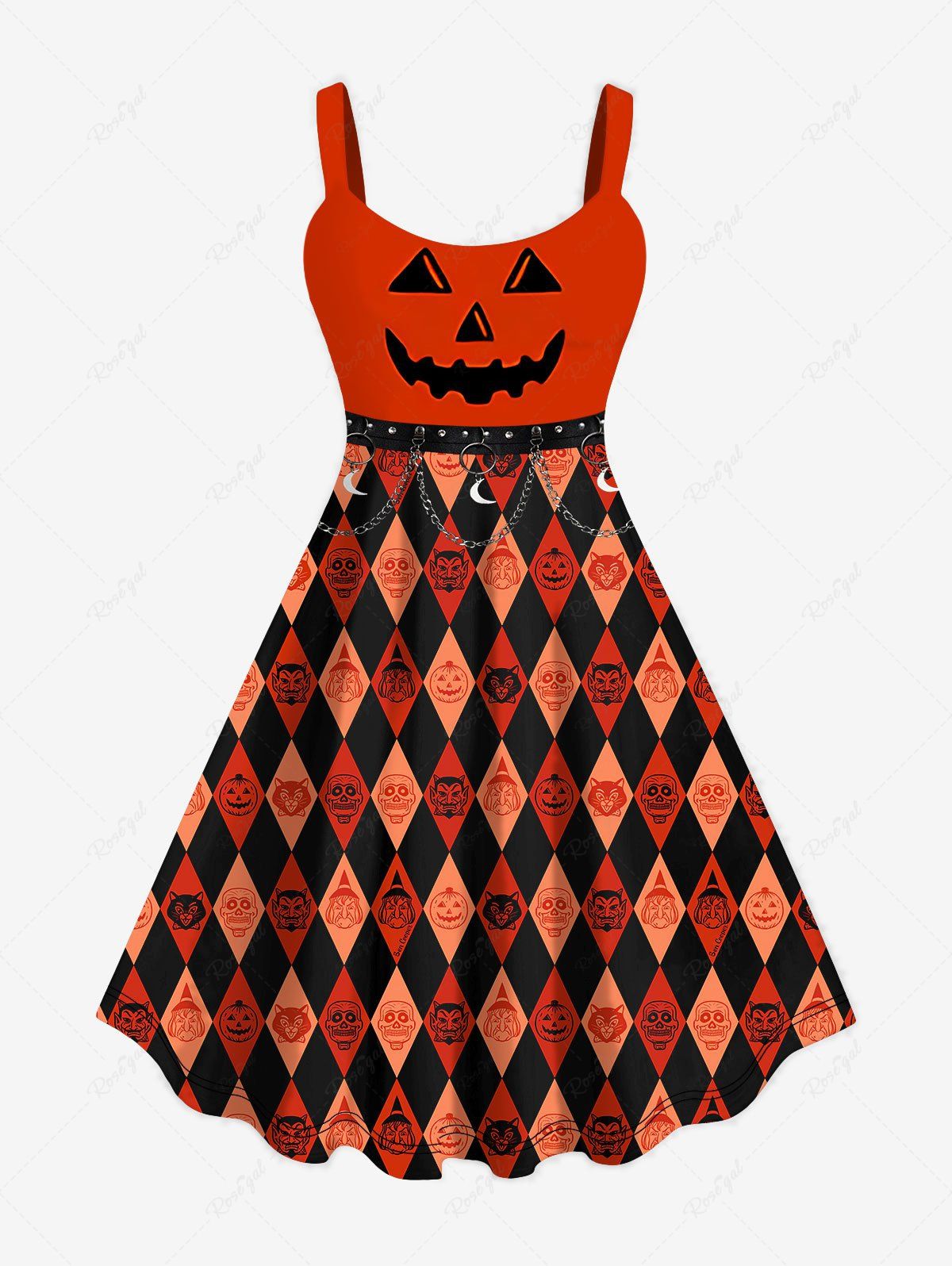 Outfit Plus Size Halloween Costume Pumpkin Rhombus Colorblock Print Tank Dress  
