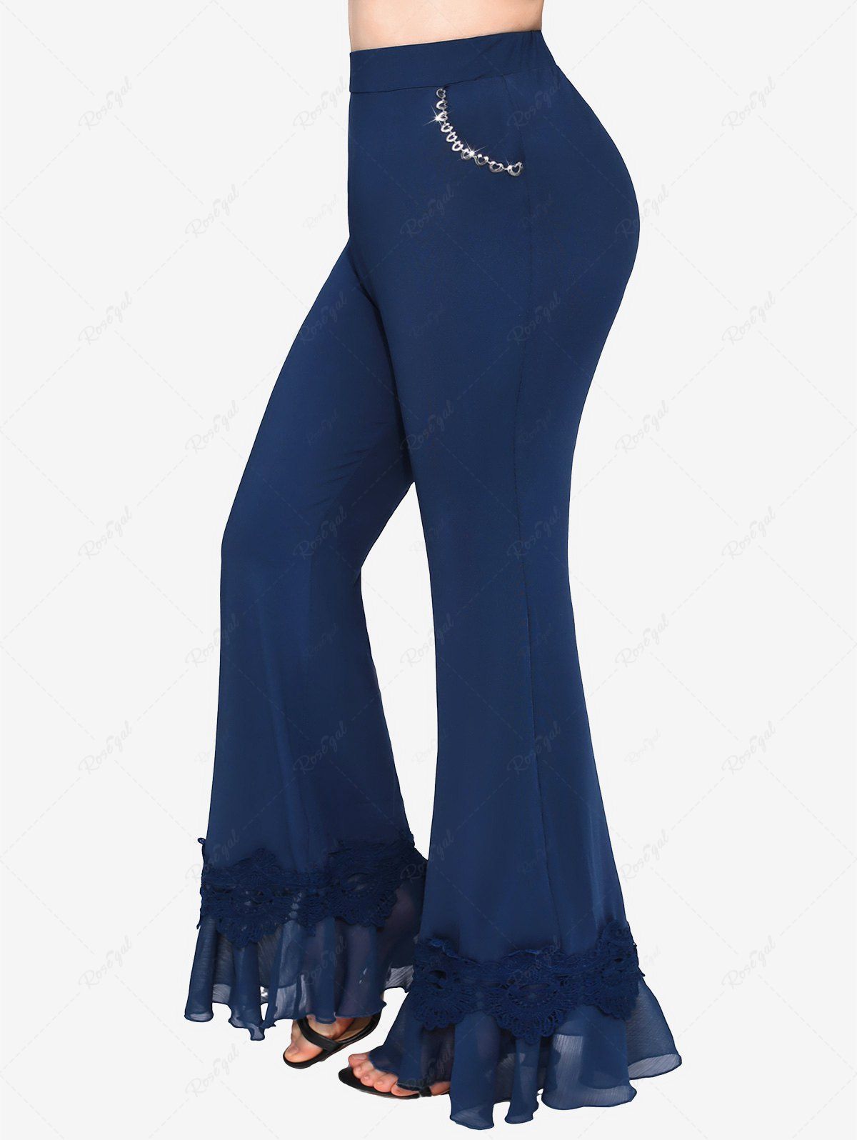 Pantalon Evasé Applique Cœur avec Chaîne en Mousseline de Soie de Grande Taille à Volants Bleu profond 2X | US 18-20