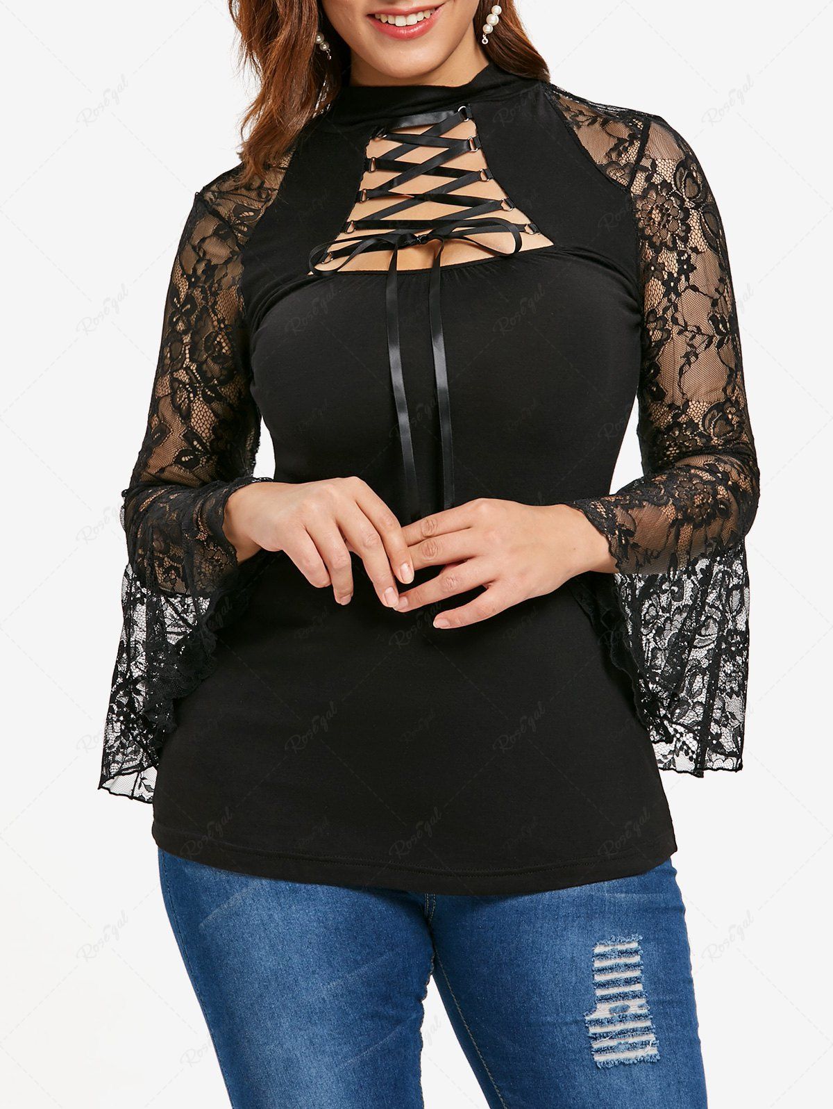 Outfits Plus Size Lace-up Floral Lace Flare Sleeves T-shirt  