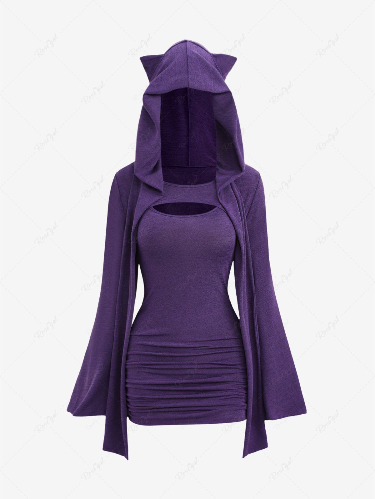 Fancy Plus Size Ruched Cinched Cami Fitted Dress and Hooded Shrug Top Set  