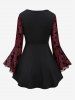 Plus Size Gothic Moon Star Print Mesh Panel Bell Sleeves Ruched Chain Tassel Long Sleeves T-shirt -  