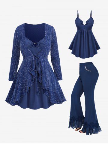 Cami Top with Glitter Striped Tied Ruffles Blouse and Flare Pants Plus Size Outfit - DEEP BLUE