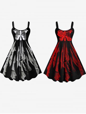 Halloween Costumes Plus Size Skeleton Tattered Wind 3D Print Dress Best Friend Outfit