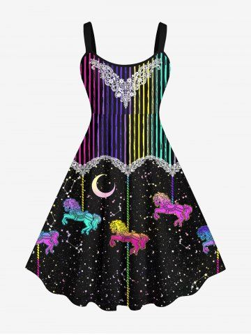 Plus Size Star Moon Carousel Applique 3D Print Lolita Tank Dress - BLACK - XS