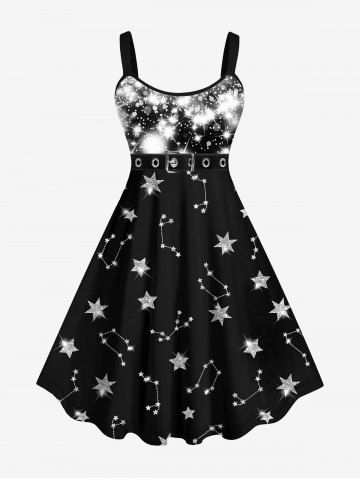 Plus Size Galaxy Star Glitter Buckle Belt 3D Print Tank Party Dress - BLACK - XS