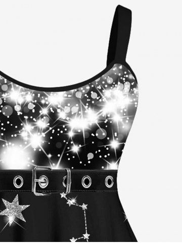 Plus Size Galaxy Star Glitter Buckle Belt 3D Print Tank Party Dress