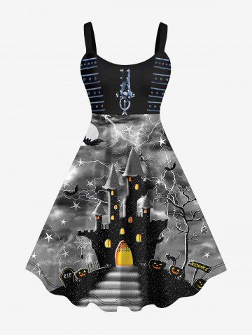 Plus Size Halloween Costume Pumpkin Lightning Bat Castle Print Tank Dress - BLACK - XS