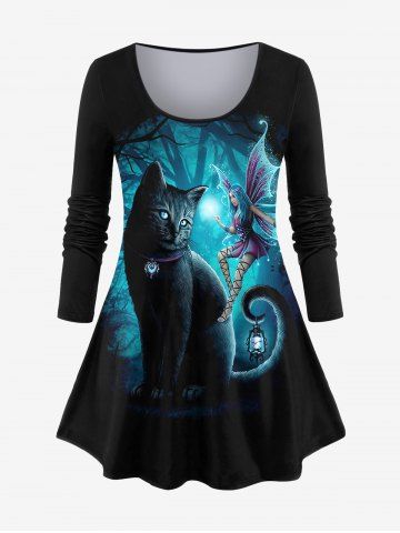 Plus Size Cat Butterfly Angel Glitter Print T-shirt - BLACK - 3X