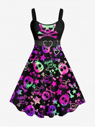 Plus Size Halloween Costume Skulls Heart Buckle Belt 3D Print Tank Dress - PURPLE - 3X