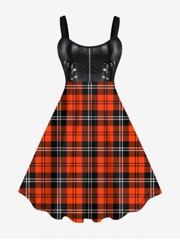 Plus Size Plaid Buckles Zipper PU Leather Patchwork 3D Print Tank Dress - BLACK - XS