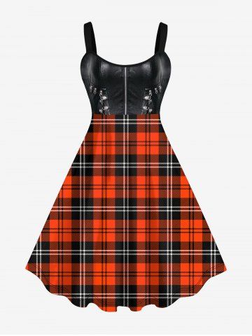 Plus Size Plaid Buckles Zipper PU Leather Patchwork 3D Print Tank Dress - BLACK - 1X