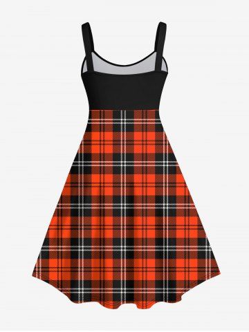 Plus Size Plaid Buckles Zipper PU Leather Patchwork 3D Print Tank Dress