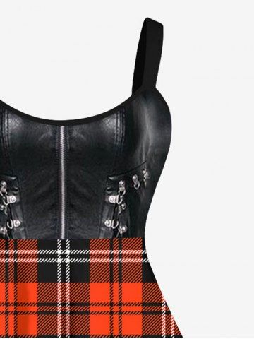 Plus Size Plaid Buckles Zipper PU Leather Patchwork 3D Print Tank Dress