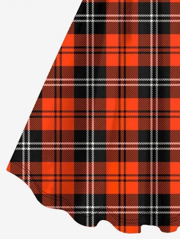 Plus Size Plaid Buckles Zipper PU Leather Patchwork 3D Print Tank Dress