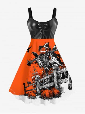 Plus Size Halloween Costume Colorblock Pumpkin Skull Eagle Lace Up 3D Print Tank Dress - ORANGE - XS