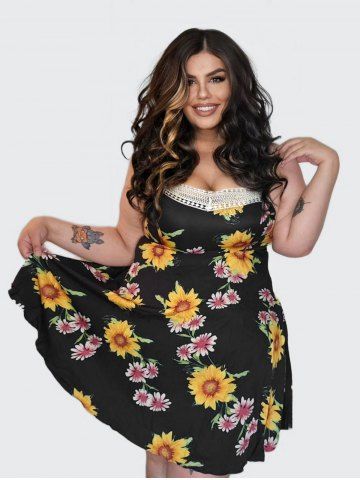 Plus Size & Curve Sunflower Print Cami Sundress (Adjustable Straps) - BLACK - L