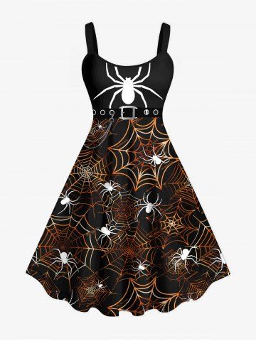 Plus Size Halloween Costume Spider Web Buckle Belt 3D Print Tank Dress - BLACK - S