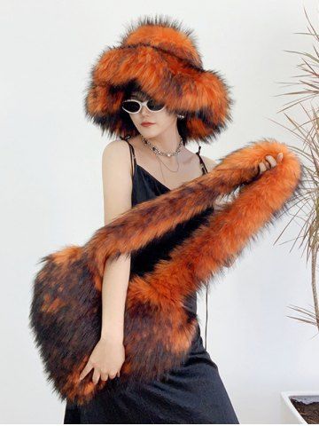 Women's Daily Streetwear Fluffy Fuzzy Furry Faux Fur Matching Bucket Hat Heart Shaped Shoulder Bag Set - ORANGE