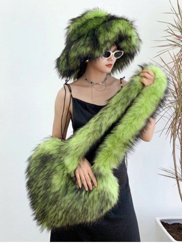 Women's Daily Streetwear Fluffy Fuzzy Furry Faux Fur Matching Bucket Hat Heart Shaped Shoulder Bag Set - GREEN