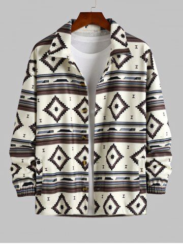 Men's Ethnic Aztec Printed Button Fly Turn-down Collar Jacket - DEEP COFFEE - L