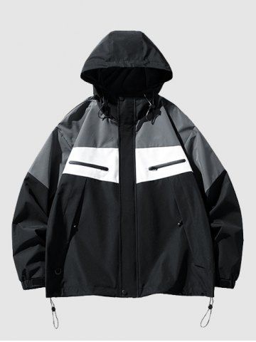 Men's Casual Pocket and Zip Toggle Drawstring Design Colorblock Hooded Windbreaker Jacket - BLACK - XXL