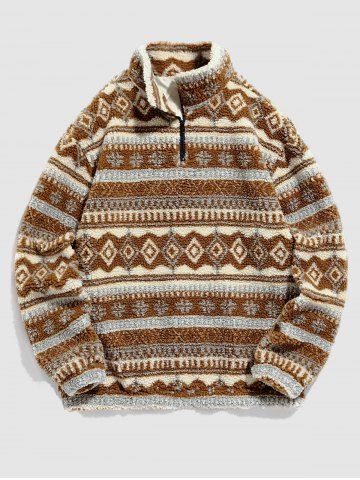 Ethnic Aztec Printed Quarter Zip Design Fluffy Faux Shearling Jacket - COFFEE - XXL