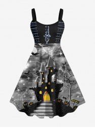 Plus Size Halloween Costume Pumpkin Lightning Bat Castle Print Tank Dress -  