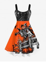 Plus Size Halloween Costume Colorblock Pumpkin Skull Eagle Lace Up 3D Print Tank Dress -  