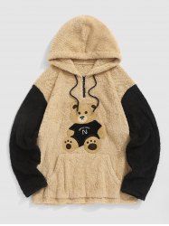 Men's Casual Daily Colorblock Cartoon Bear Patched Design Fluffy Fuzzy Textured Kangaroo Pocket Drawstring Pullover Hoodie -  
