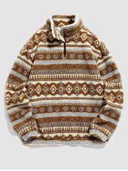 Ethnic Aztec Printed Quarter Zip Design Fluffy Faux Shearling Jacket -  
