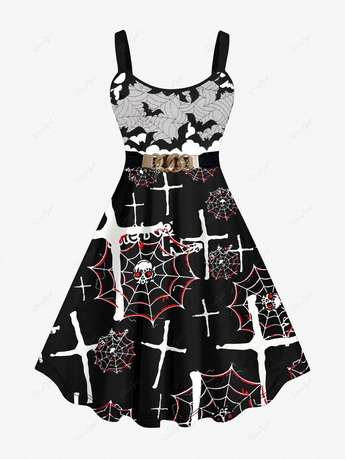 Fashion Plus Size Halloween Costume Skull Cross Bat Spider Web Print Tank Dress  