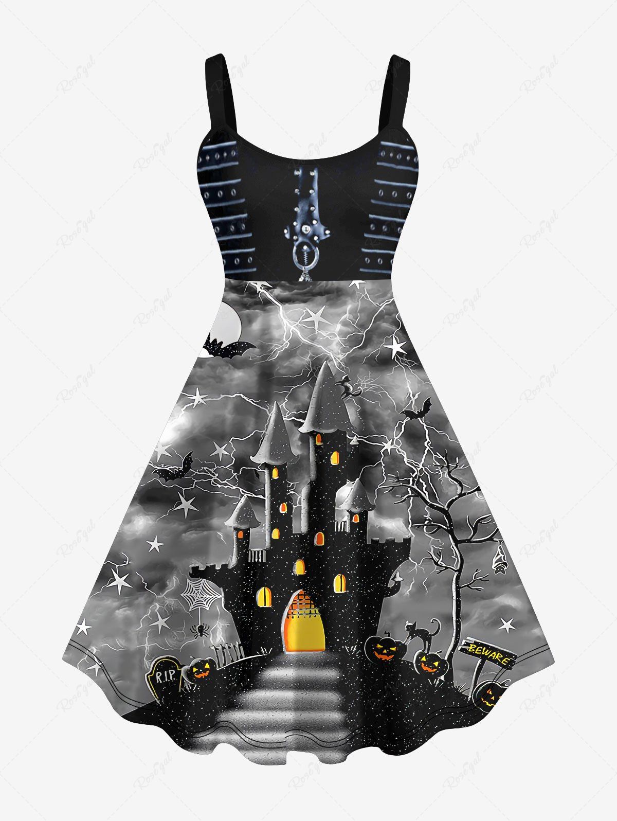 Robe D'Halloween Costume Chauve-souris Citrouille et Château Imprimés de Grande Taille Noir 1X