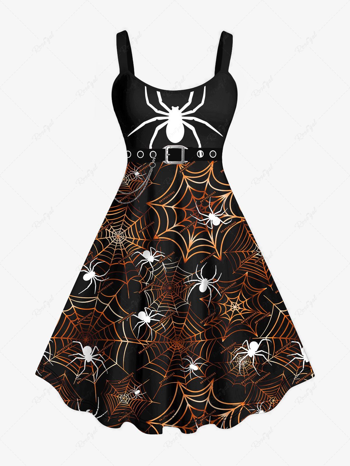 Affordable Plus Size Halloween Costume Spider Web Buckle Belt 3D Print Tank Dress  