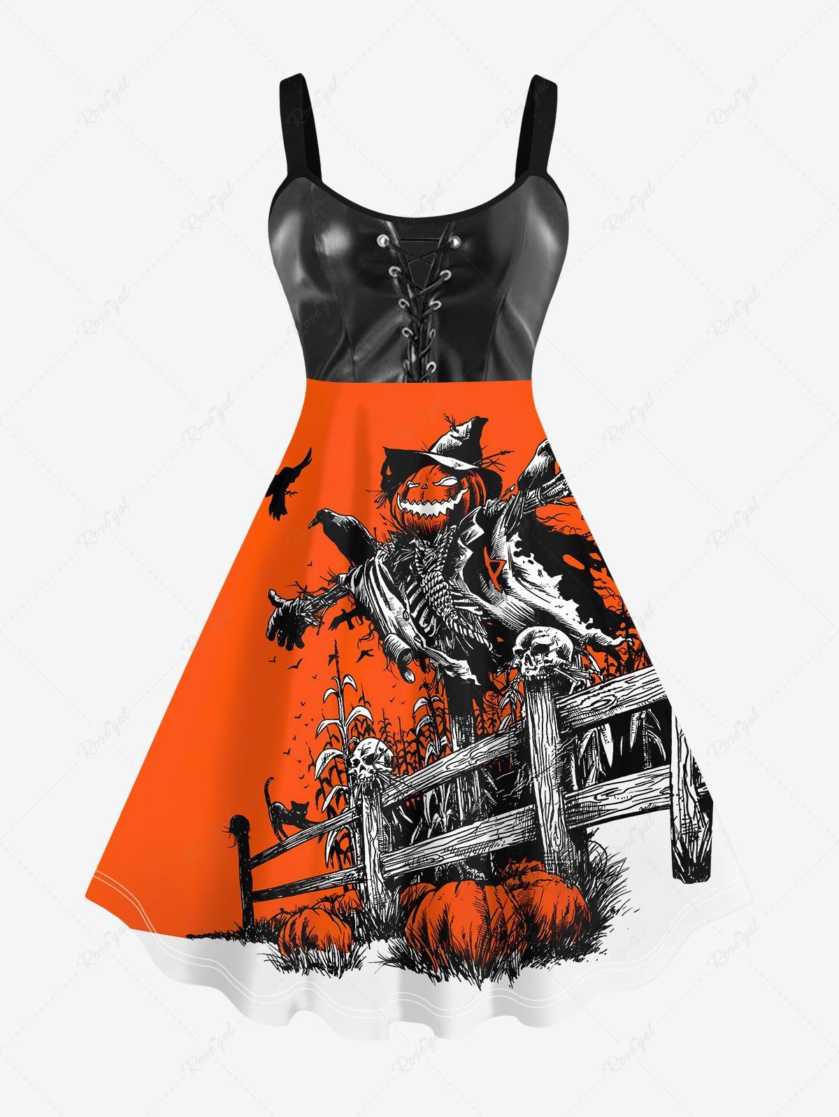 Store Plus Size Halloween Costume Colorblock Pumpkin Skull Eagle Lace Up 3D Print Tank Dress  