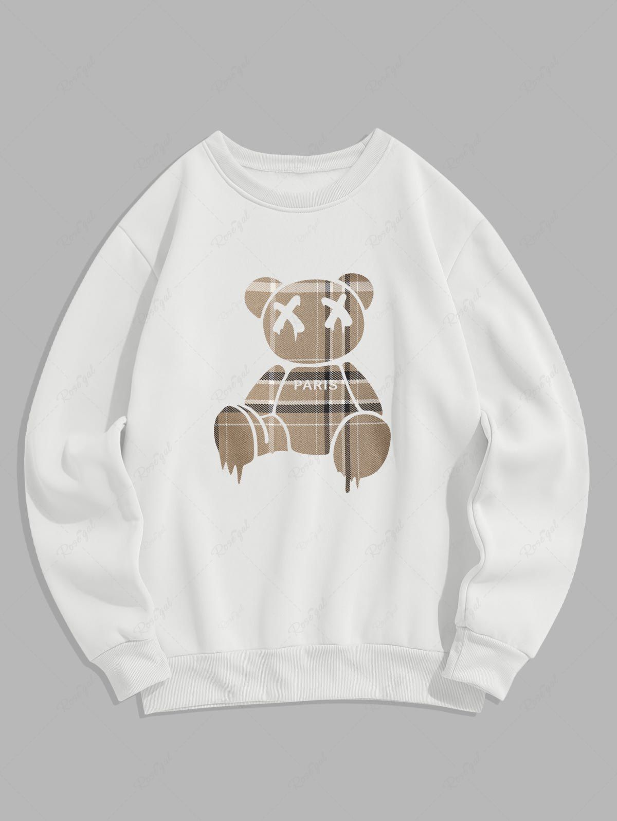 Affordable Men's PARIS Bear Graphic Pattern Fleece-lined Crew Neck Pullover Sweatshirt  