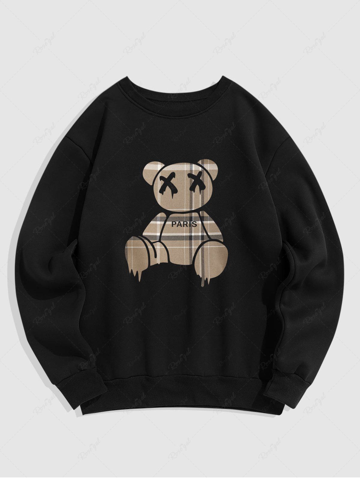 Buy Men's PARIS Bear Graphic Pattern Fleece-lined Crew Neck Pullover Sweatshirt  