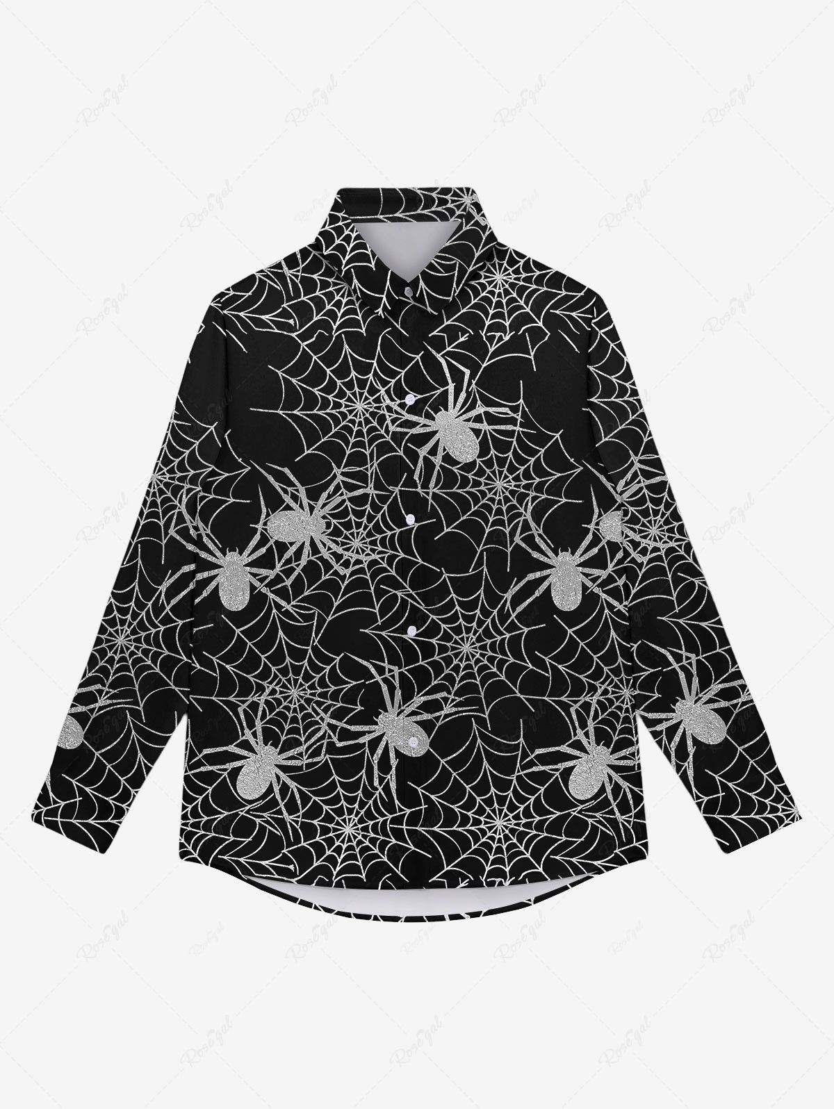 Chemise D'Halloween Gothique Toile D'Araignée Imprimée avec Boutons Noir 3XL