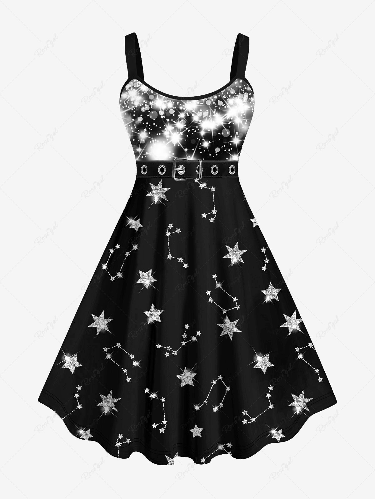 Fancy Plus Size Galaxy Star Glitter Buckle Belt 3D Print Tank Party Dress  
