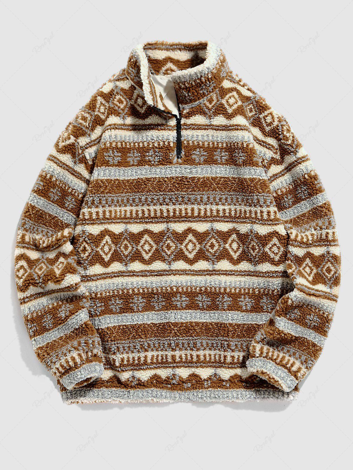 New Ethnic Aztec Printed Quarter Zip Design Fluffy Faux Shearling Jacket  