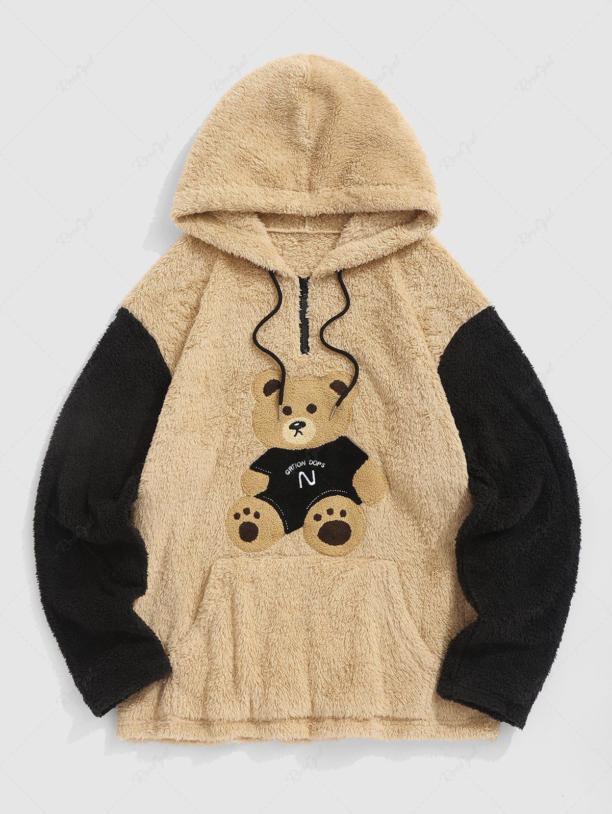 Buy Men's Casual Daily Colorblock Cartoon Bear Patched Design Fluffy Fuzzy Textured Kangaroo Pocket Drawstring Pullover Hoodie  